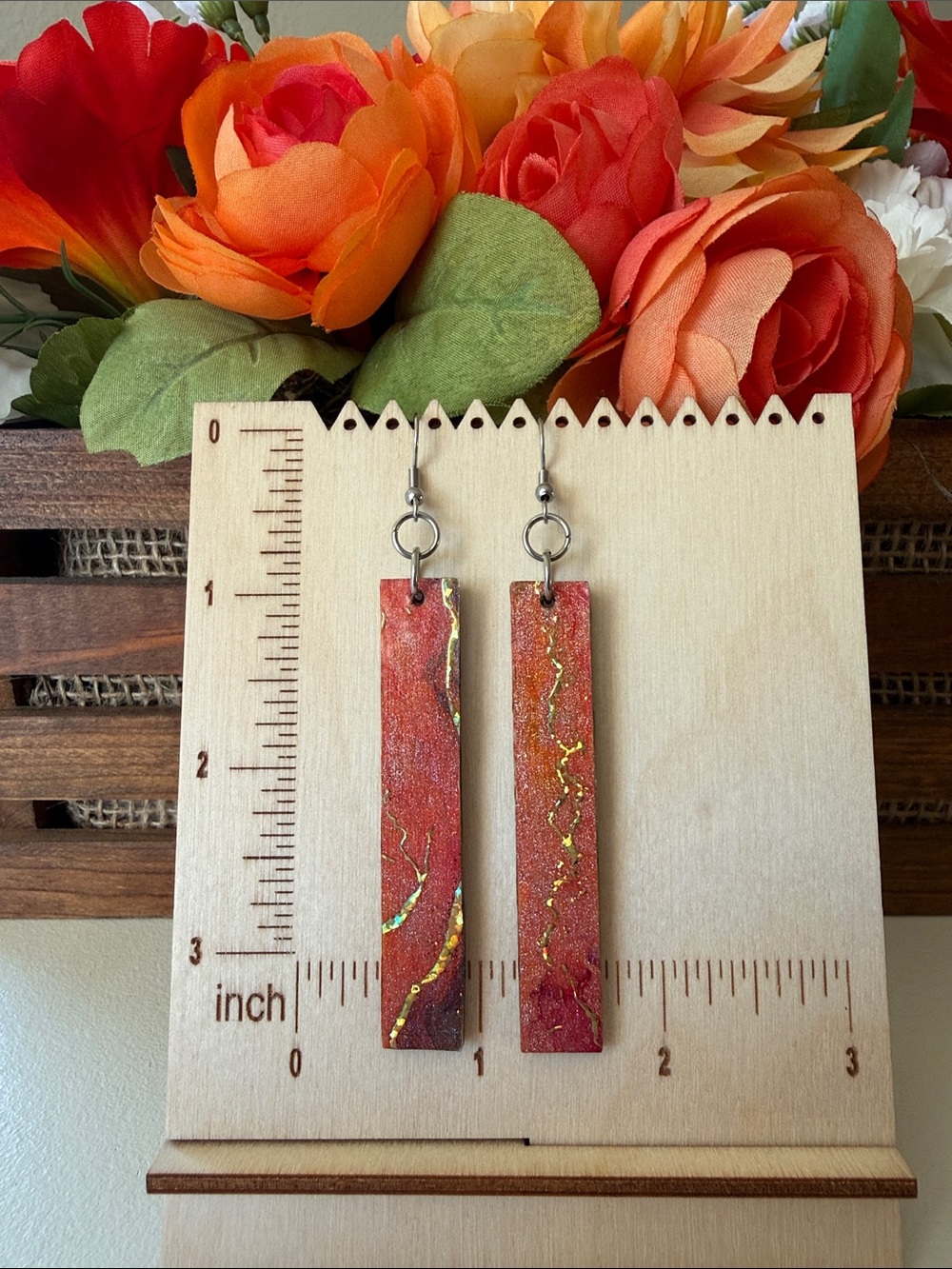 2 for $15. Handmade Dangle Earrings in Shimmery Red with Gold Accents